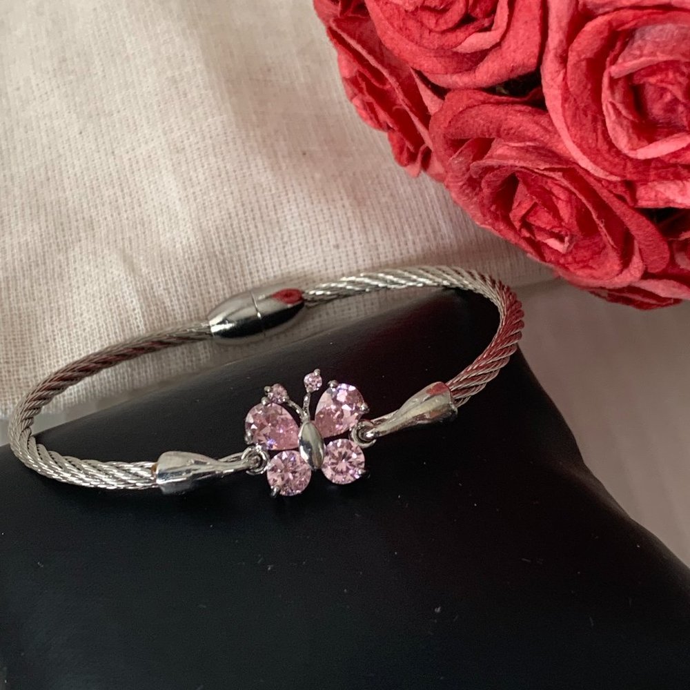 NEW Pink Crystal Butterfly Cable Bangle Bracelet